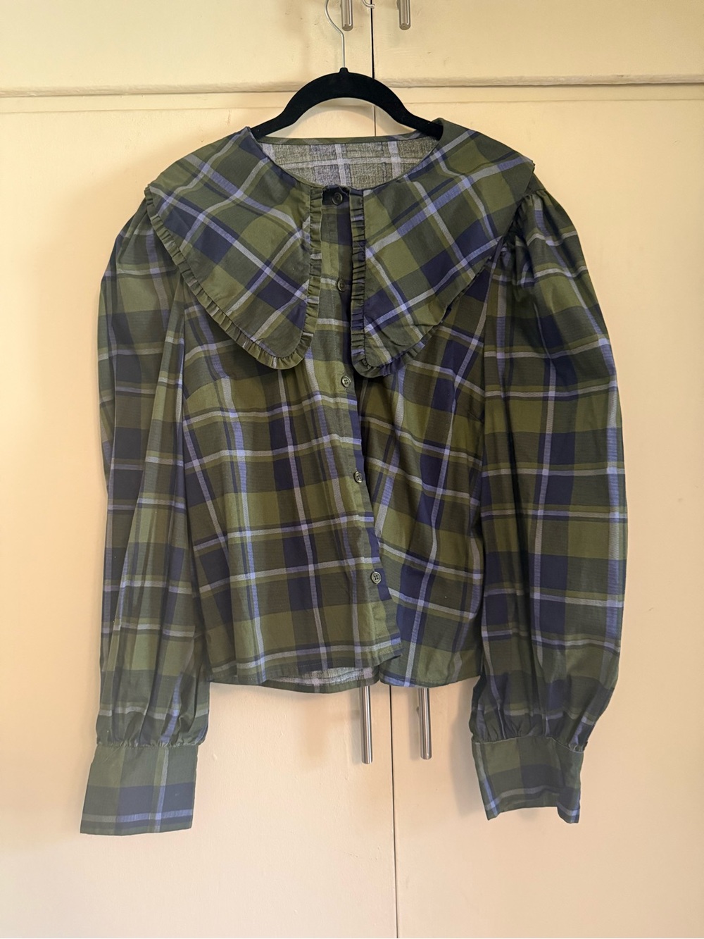 Olive Green Plaid Button-Up Top with Collar